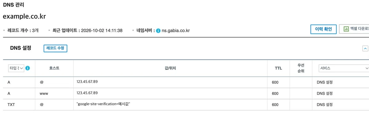가비아 DNS 관리 화면: DNS 설정의 레코드 수정 버튼과 타입·호스트·값/위치·TTL 칸 (도메인·IP는 예시 값으로 가림)