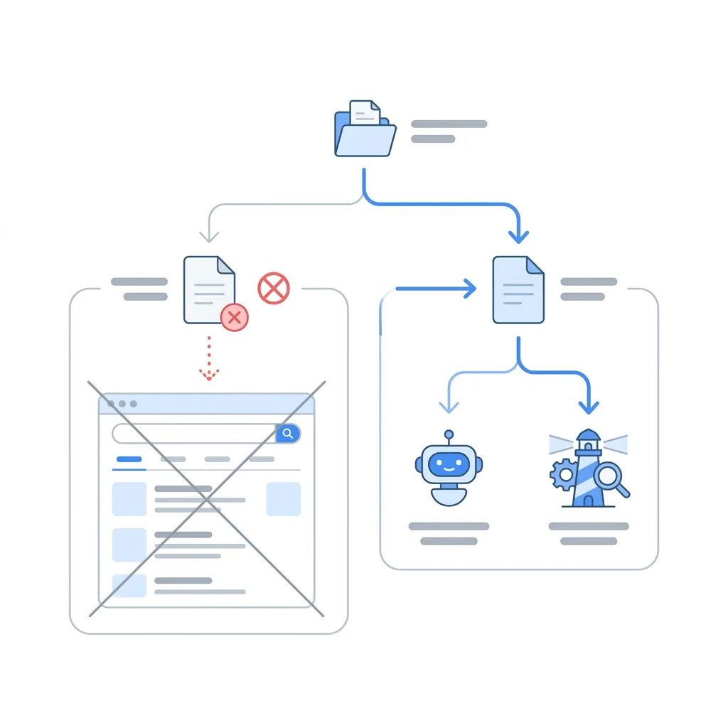 llms.txt 활용 경로 도식: 구글 검색은 llms.txt를 사용하지 않고 AI 에이전트와 Lighthouse 실험 점검은 참고한다