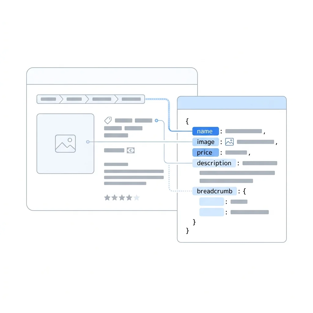 제품 상세 페이지 화면 요소와 JSON-LD Product·BreadcrumbList 속성의 대응 관계 도식