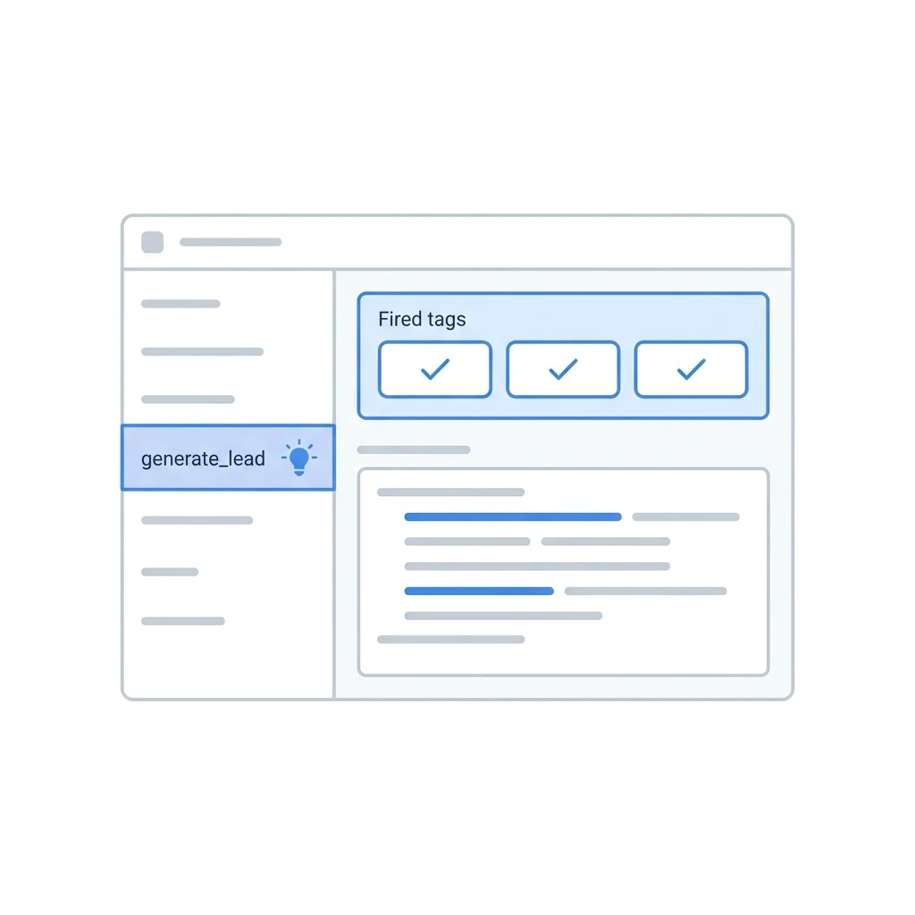 Google Tag Assistant 미리보기 화면: 문의 접수 후 generate_lead 이벤트와 실행된 GA4 이벤트 태그 확인 (예시 일러스트)