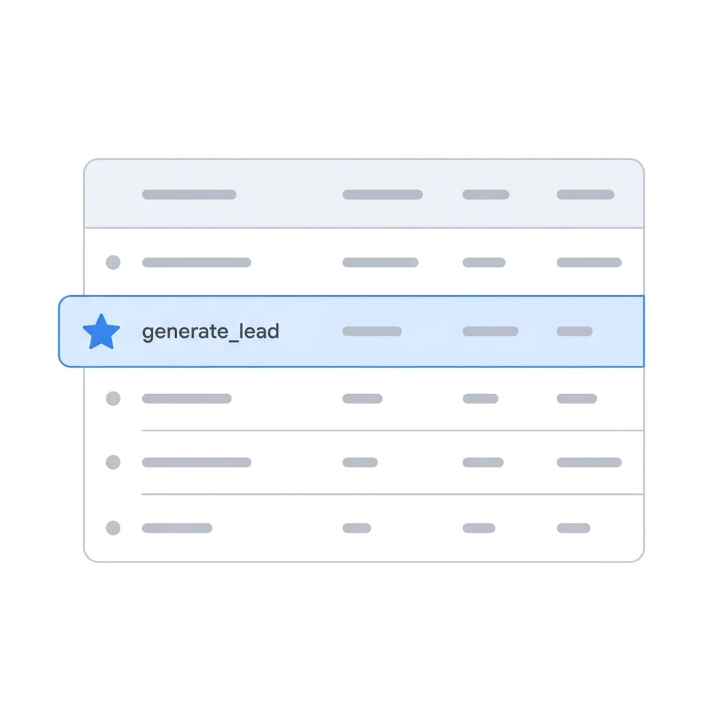 GA4 관리 화면 이벤트 목록: generate_lead 이벤트를 주요 이벤트로 표시하는 별표 위치 (예시 일러스트)