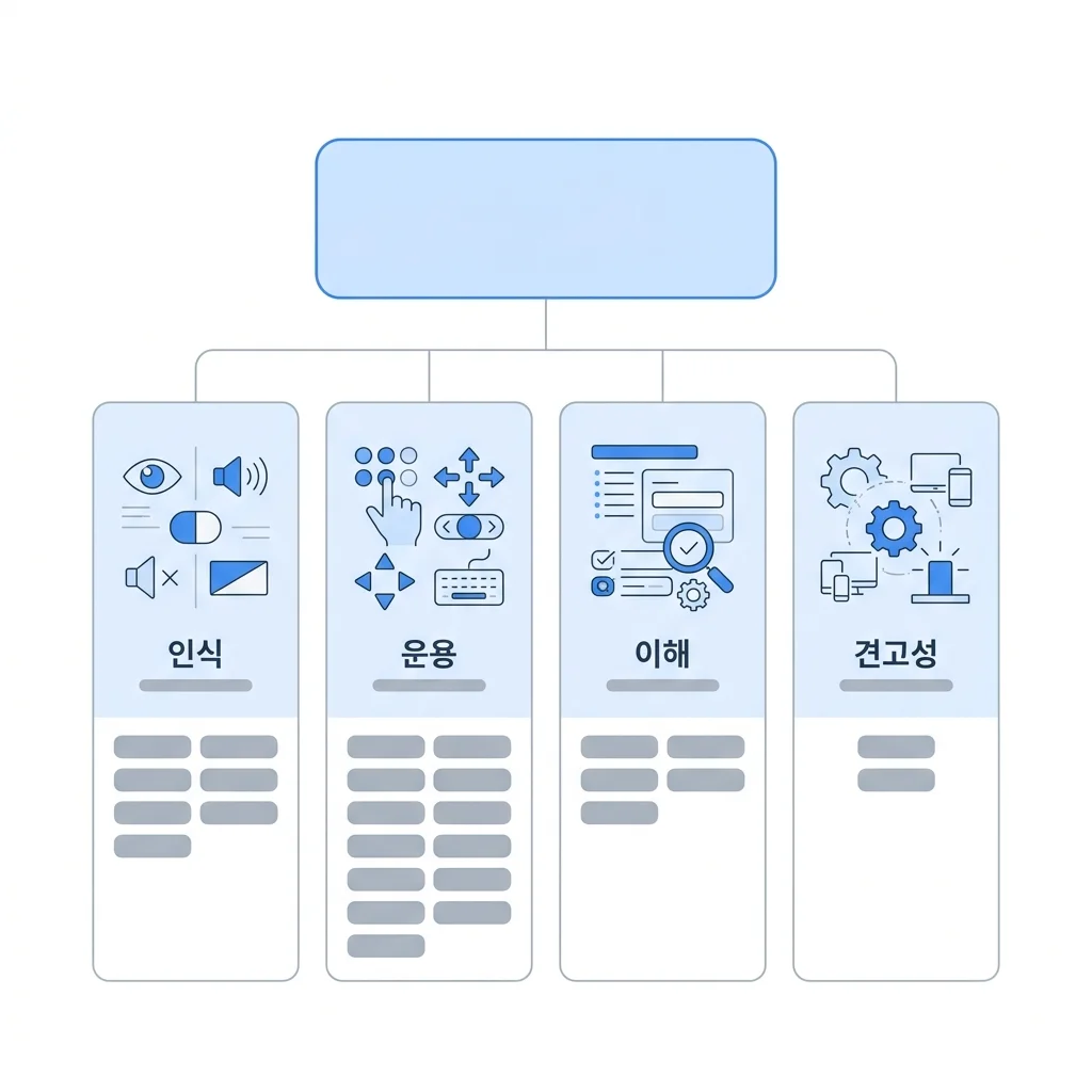 한국형 웹 콘텐츠 접근성 지침 2.2의 4원칙과 원칙별 검사항목 수 9, 15, 7, 2를 정리한 구조도