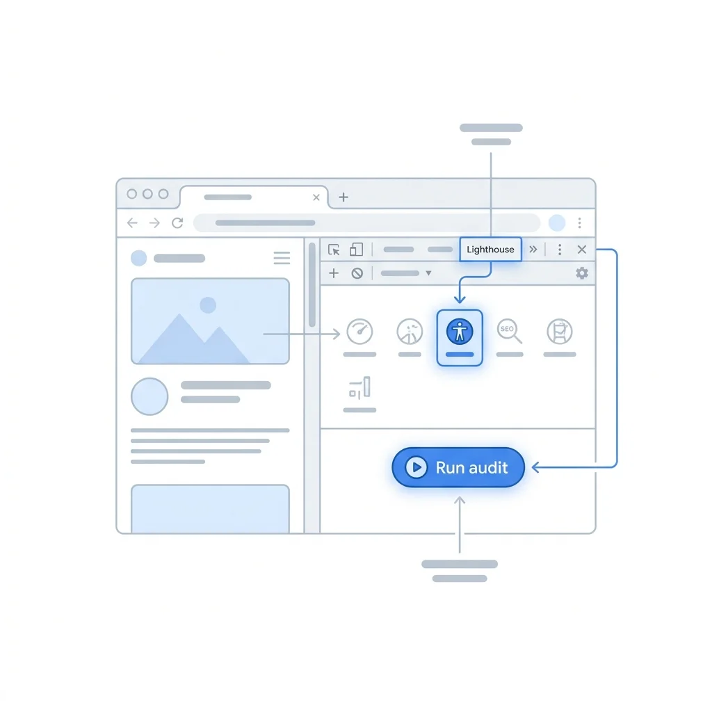 Chrome 개발자 도구 Lighthouse 탭에서 접근성 카테고리를 선택해 검사를 실행하는 화면 (예시 일러스트)