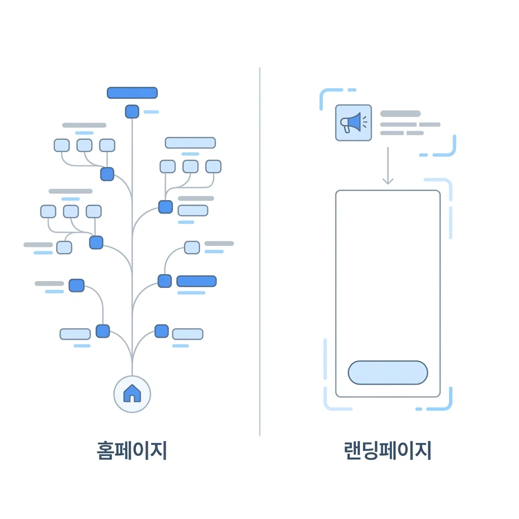 홈페이지와 랜딩페이지 구조 비교: 여러 메뉴로 갈라지는 홈페이지와 광고에서 CTA 하나로 이어지는 랜딩페이지
