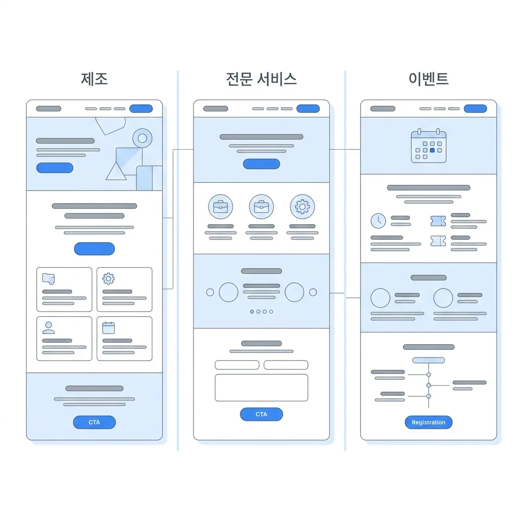 업종별 랜딩페이지 구성 예시 비교: B2B 제조 견적 문의, 전문 서비스 상담 신청, 이벤트 참가 신청 와이어프레임