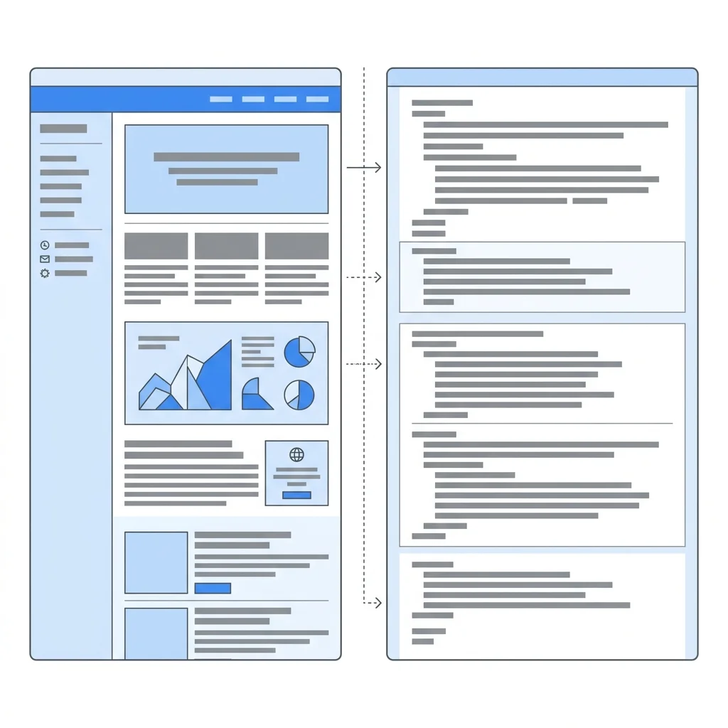 브라우저와 검색로봇이 같은 페이지를 다르게 읽는 모습: 자바스크립트 실행 후 화면과 HTML 원본 비교 도식