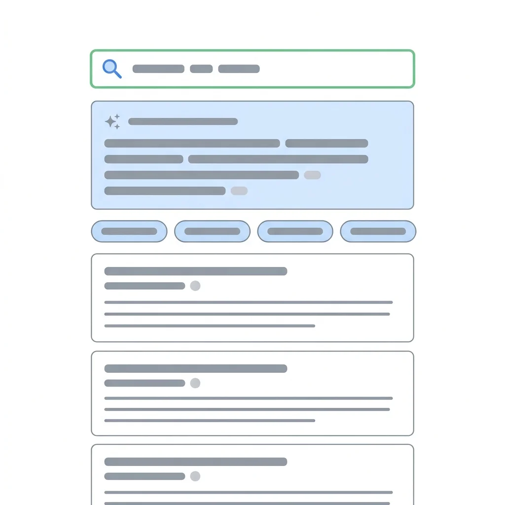 네이버 통합검색의 AI 브리핑 영역에서 요약 답변, 출처 링크, 관련 질문이 표시되는 위치 (예시 일러스트)