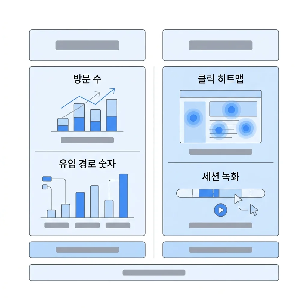 GA4와 마이크로소프트 클래리티의 역할 비교 도식: GA4는 방문 수와 유입 경로 숫자, 클래리티는 클릭 히트맵과 세션 녹화로 방문자 행동을 보여줌