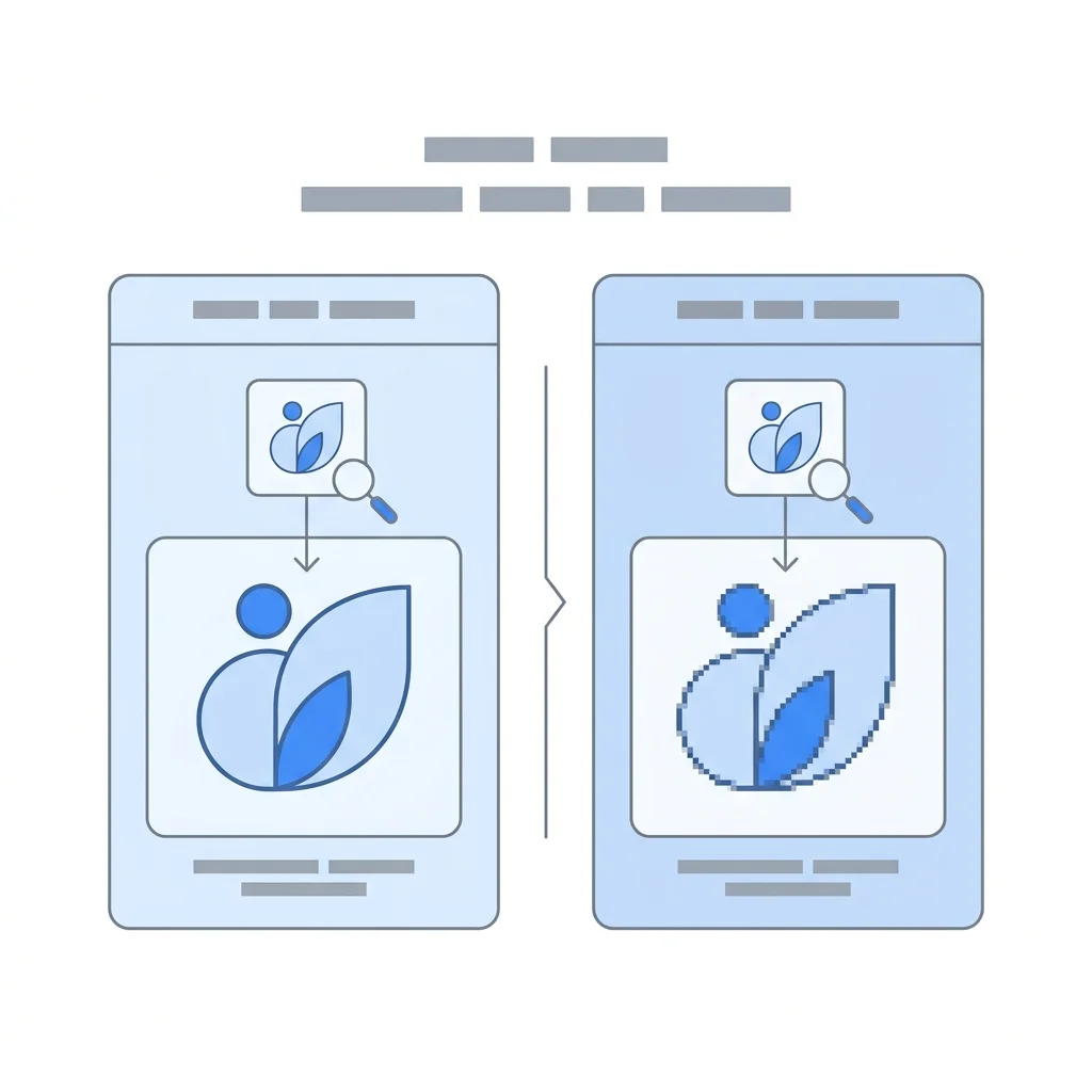 같은 로고 도형을 크게 확대했을 때 가장자리가 선명한 벡터(SVG)와 계단처럼 깨지는 비트맵(PNG·JPG)을 비교한 일러스트